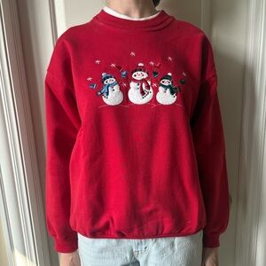 Top Stitch Red Snowman Sweatshirt Snow Man Sweater Size MP Medium Petite Winter